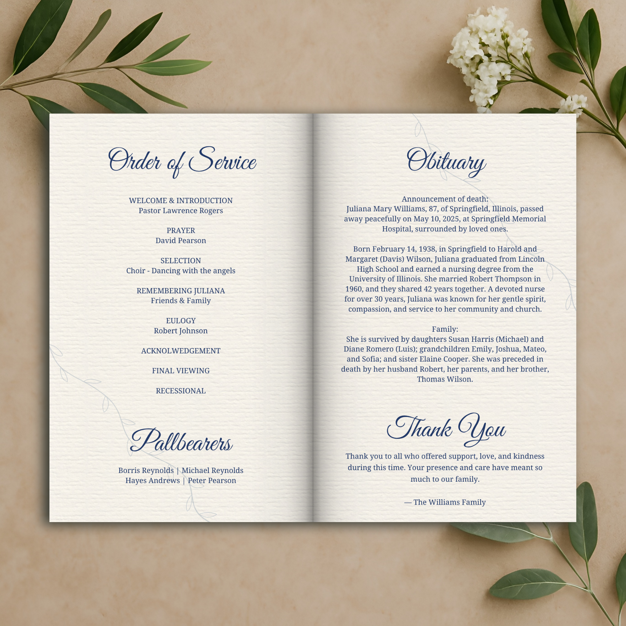 Blue Blossom Funeral Program