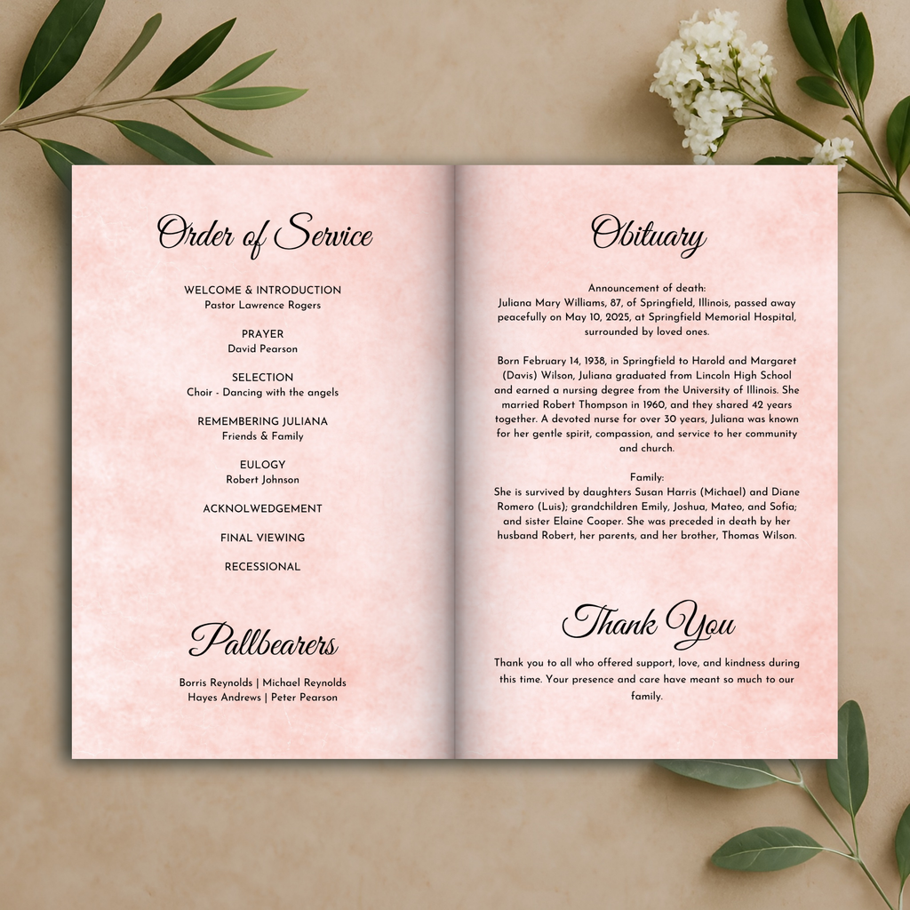 Blush Scroll Funeral Program