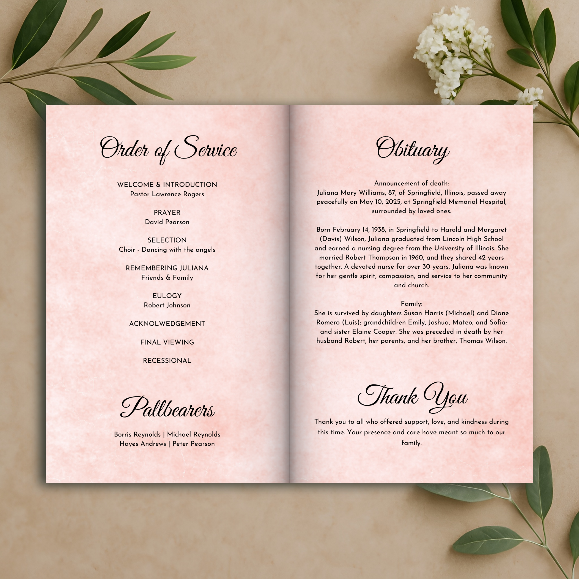 Blush Scroll Funeral Program