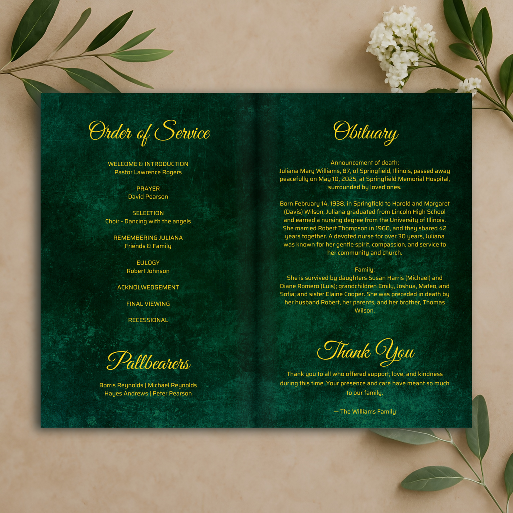 Emerald Valor Funeral Program