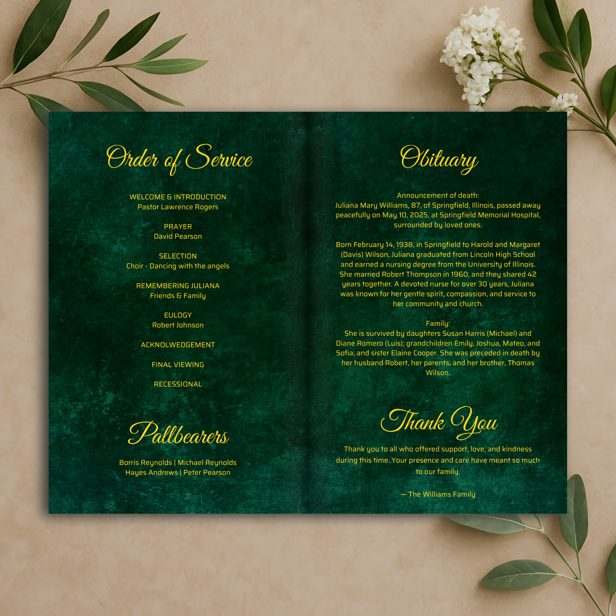 Emerald Valor Funeral Program