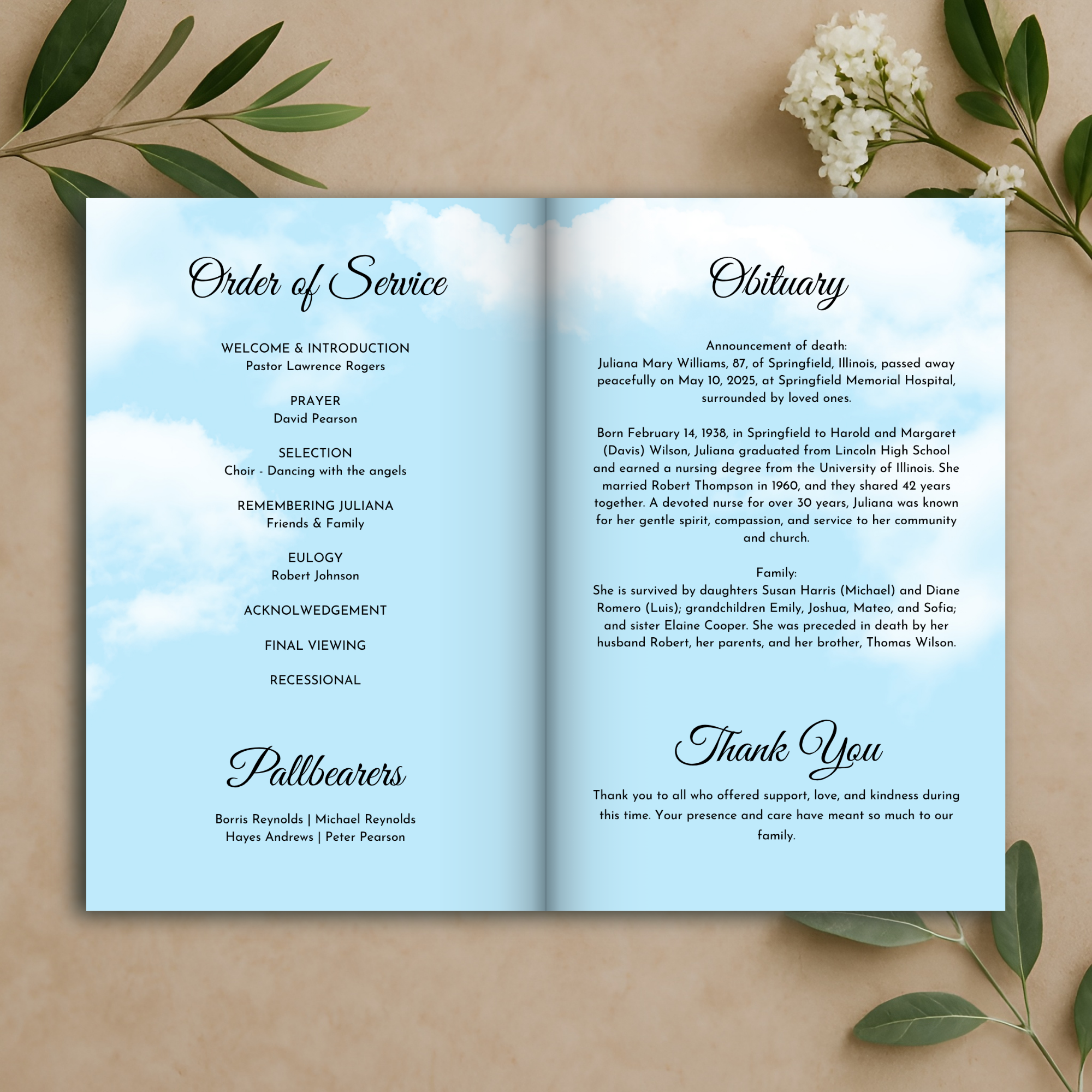 Heavenly Blue Funeral Program