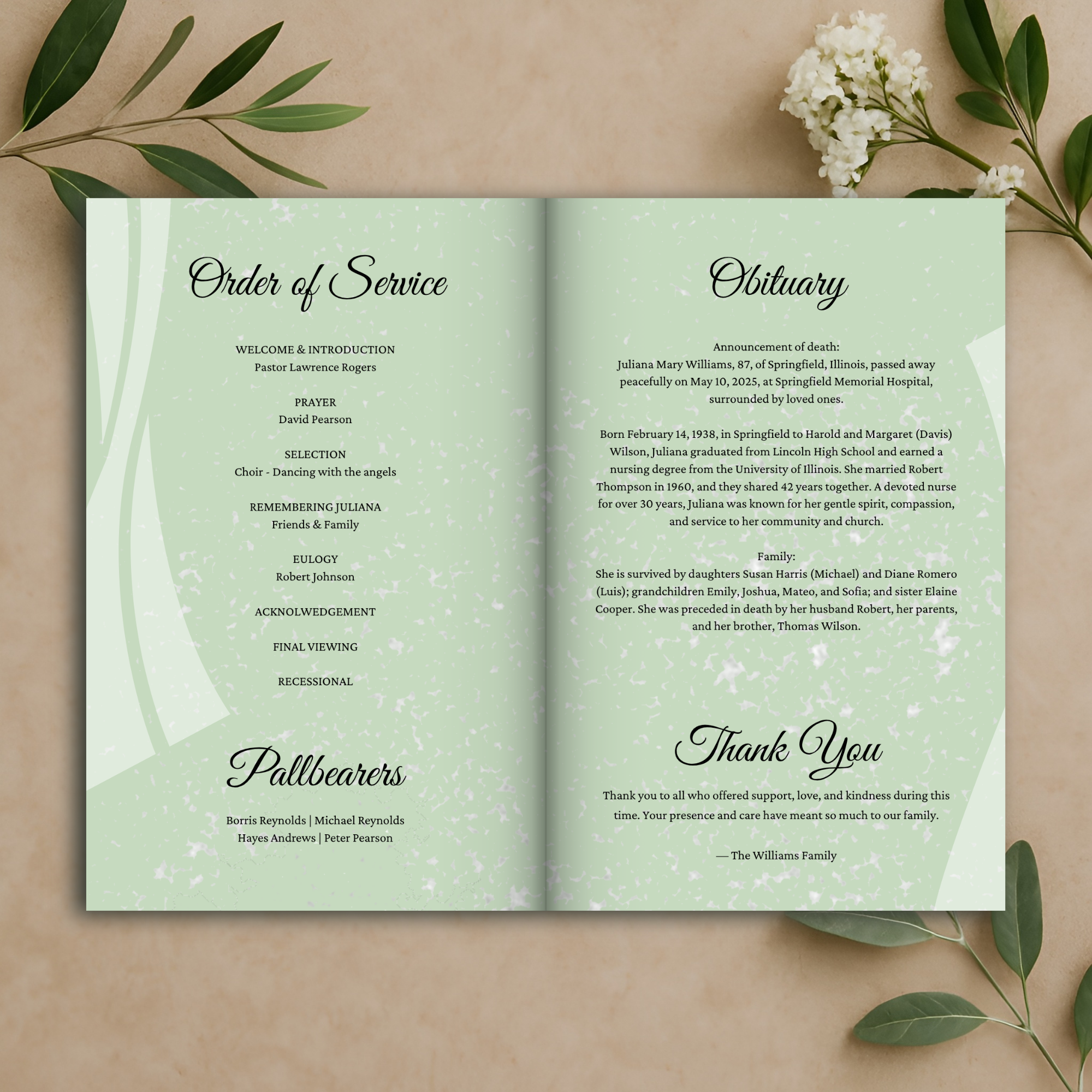 Sage Harmony Funeral Program