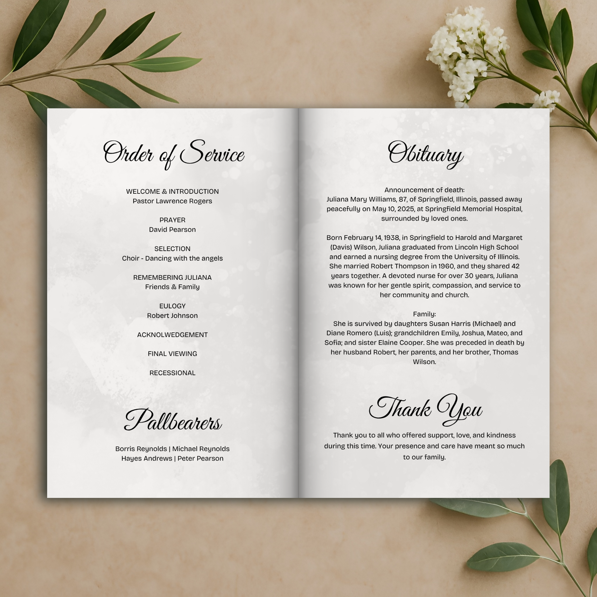 Soft Petal Funeral Program